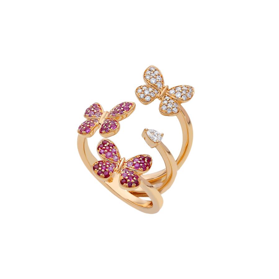 ANELLO ORO ROSA 3 FARFALLE -ZAFFIRI ROSA 0.48 - RUBINI 0.13 - DIAM 0.29 - SONGA LJ