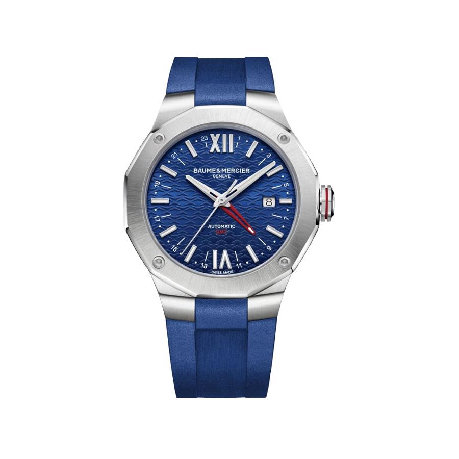 RIVIERA ACCIAIO, SOLO TEMPO AUTOMATICO GMT, CASSA DODECAGONALE IN ACCIAIO. UOMO - CINTURINO CAUCIÙ BLUE - QUADRANTE BLUE - BAUME & MERCIER