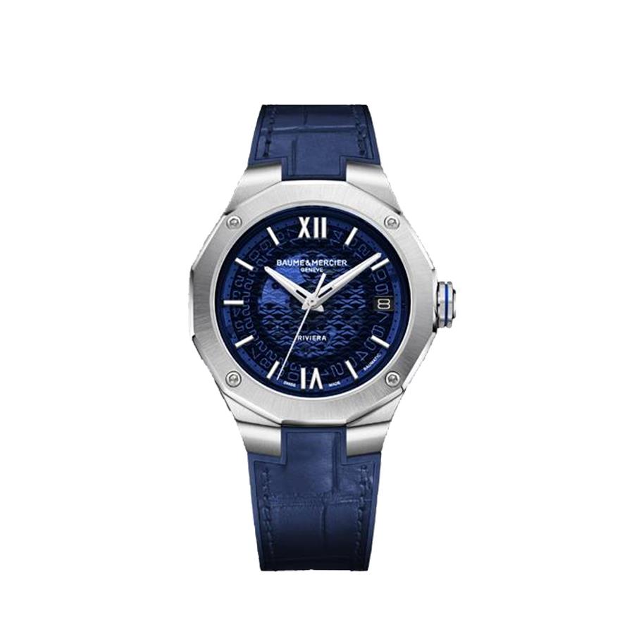RIVIERA 10714 - OROLOGIO AUTOMATICO, DATARIO - 39MM - QUADRANTE IN VETRO ZAFFIRO BLU FUMÉ TRASPARENTE, CINTURINO INTERCAMBIABILE IN CAUCCIÙ/PELLE DI ALLIGATORE - BAUME & MERCIER