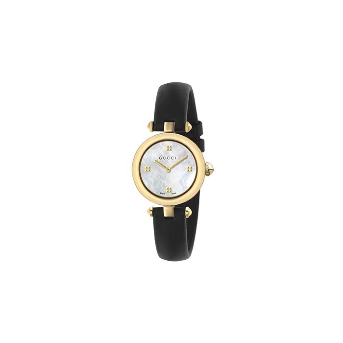 DIAMANTISSIMA - CASSA IN PVD ORO GIALLO CHIARO, QUADRANTE IN MADREPERLA BIANCA, CINTURINO IN PELLE NERA - GUCCI TIMEPIECES