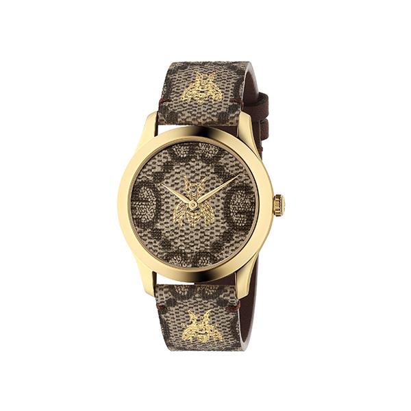  G-TIMELESS CONTEMPORARY - CASSA IN PVD ORO GIALLO, QUADRANTE IN TELA GG SUPREME E CINTURINO CON API D'ORO STAMPATE - GUCCI TIMEPIECES