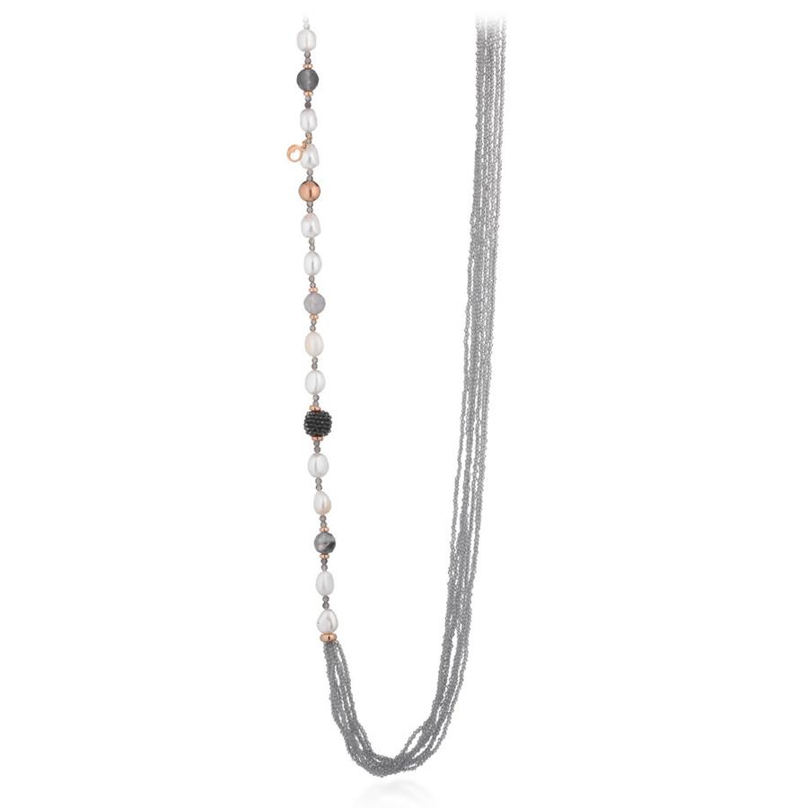 COLLANA CON PERLE D'ACQUA DOLCE, AG925 ROSA, SPINELLO GRIGIO E QUARZO CLOUDY - LE LUNE GLAMOUR