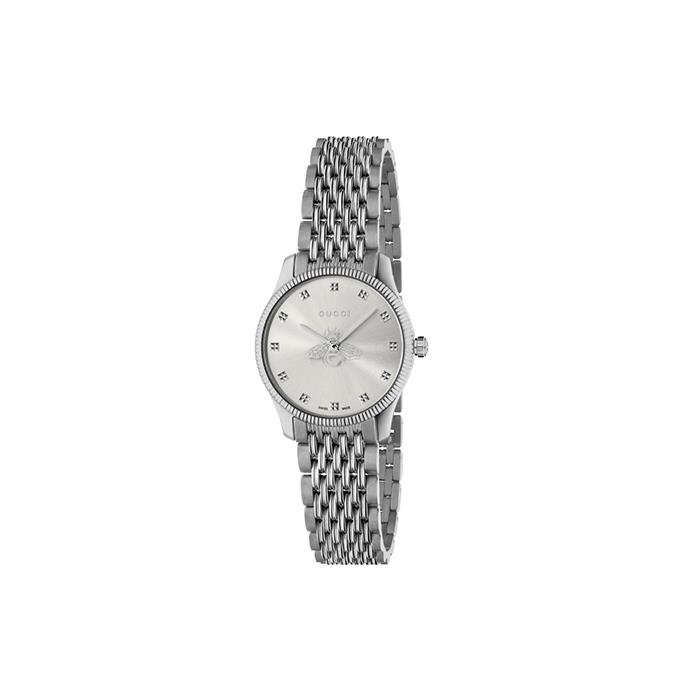G-TIMELESS - CASSA IN ACCIAIO, QUADRANTE IN ARGENTO SPAZZOLATO CON LANCETTA DEI SECONDI A FORMA DI APE, BRACCIALE IN ACCIAIO A 9 MAGLIE - GUCCI TIMEPIECES