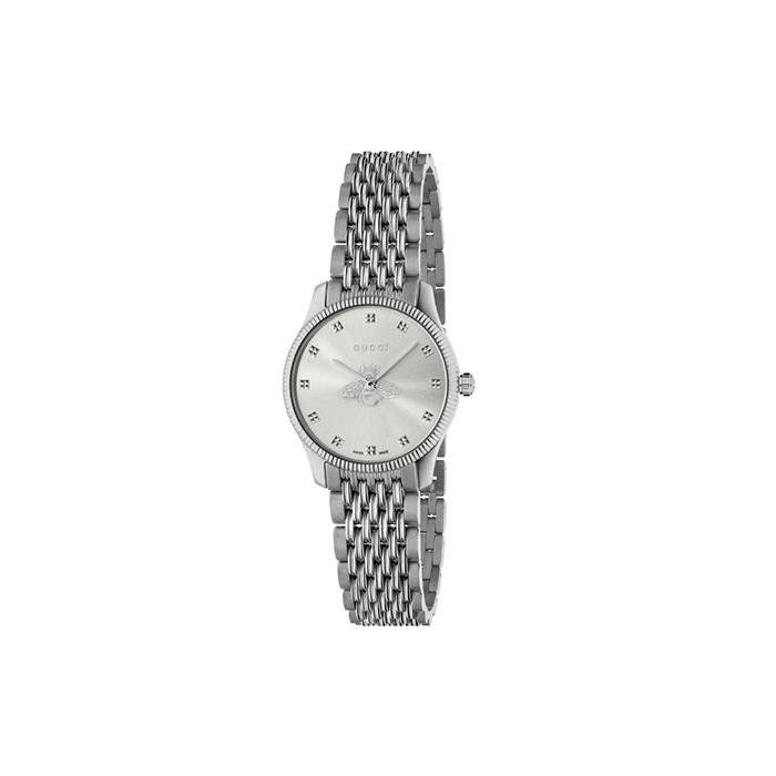 G-TIMELESS SLIM - CASSA IN ACCIAIO, QUADRANTE IN ARGENTO SPAZZOLATO CON LANCETTA DEI SECONDI A FORMA DI APE, BRACCIALE IN ACCIAIO A 9 MAGLIE - GUCCI TIMEPIECES