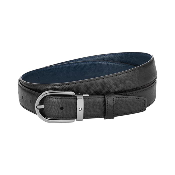 CINTURA FIBIA ARROTONDATA FINITURA RUTENIO 30MM - PELLE SAFFIANO REVERSIBILE NERO/BLUE - MONTBLANC