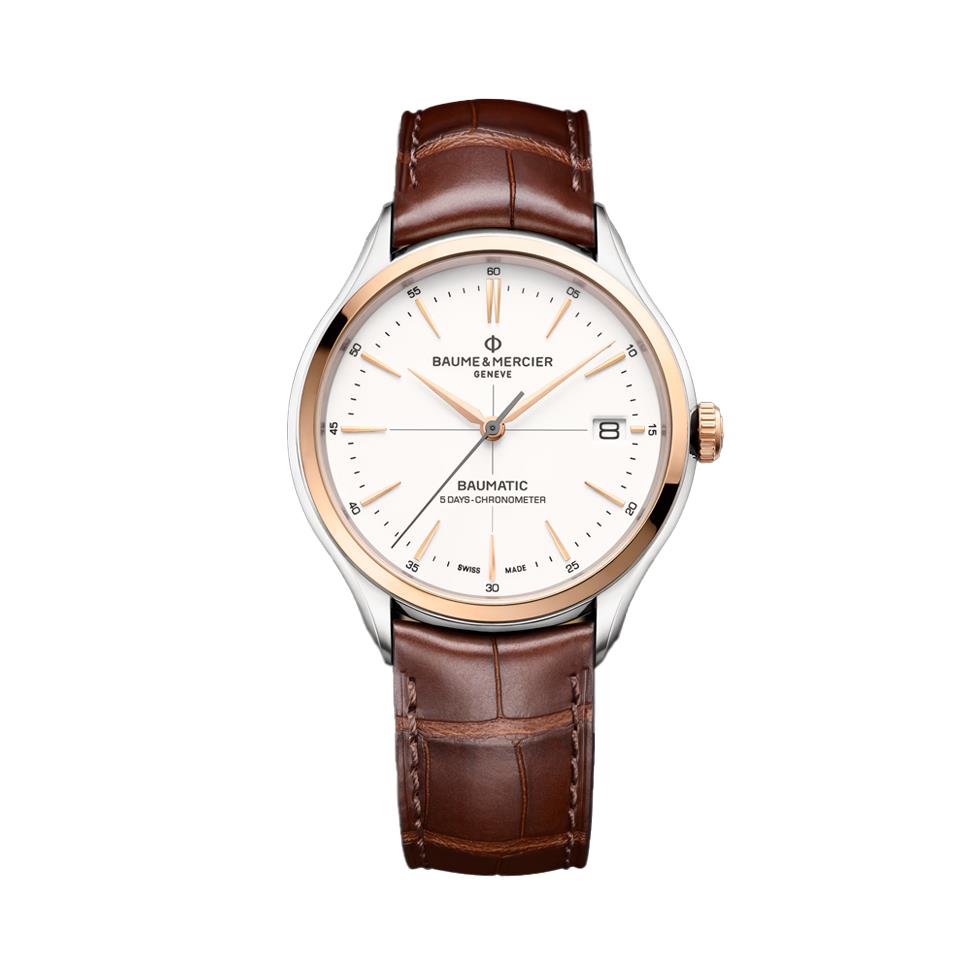 CLIFTON ACCIAIO ORO, AUTOMATICO BAUMATIC CERTIFICATO COSC, CASSA 40MM, QUADRANTE BIANCO, CINTURINO IN ALLIGATORE MARRONE - BAUME & MERCIER