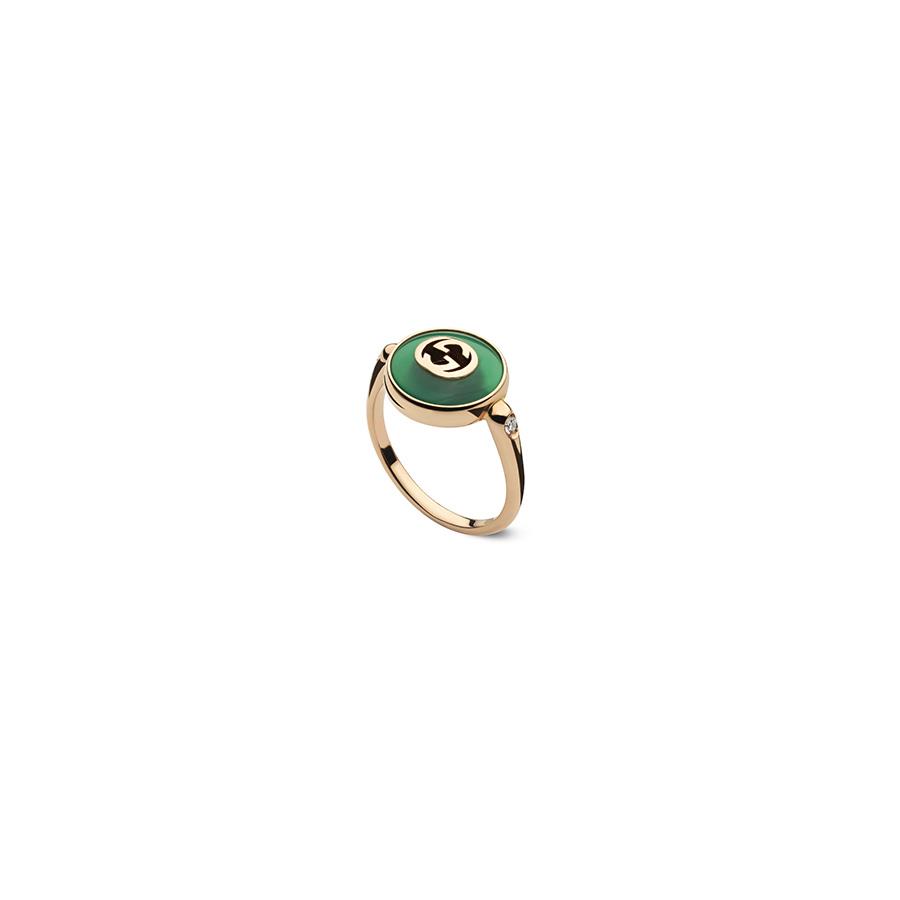 GUCCI INTERLOCKING - ANELLO IN ORO ROSA CON AGATA VERDE E DIAMANTI - MIS 14 - GUCCI FINE JEWELRY