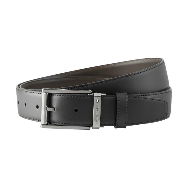 FIBBIA AD ARDIGLIONE SQUADRATA FINITURA RUTENIO LUCIDO. CINGHIA IN PELLE GOMMATA REVERSIBILE NERA E MARRONE, AUTO-REGOLABILE, 3,5 CM  - MONTBLANC