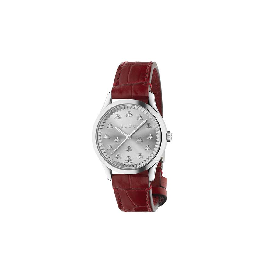 G-TIMELESS - MULTIBEE CASSA IN ACCIAIO DA 32 MM, QUADRANTE IN ARGENTO SPAZZOLATO CON API, CINTURINO IN PELLE DI ALLIGATORE ROSSA - GUCCI TIMEPIECES