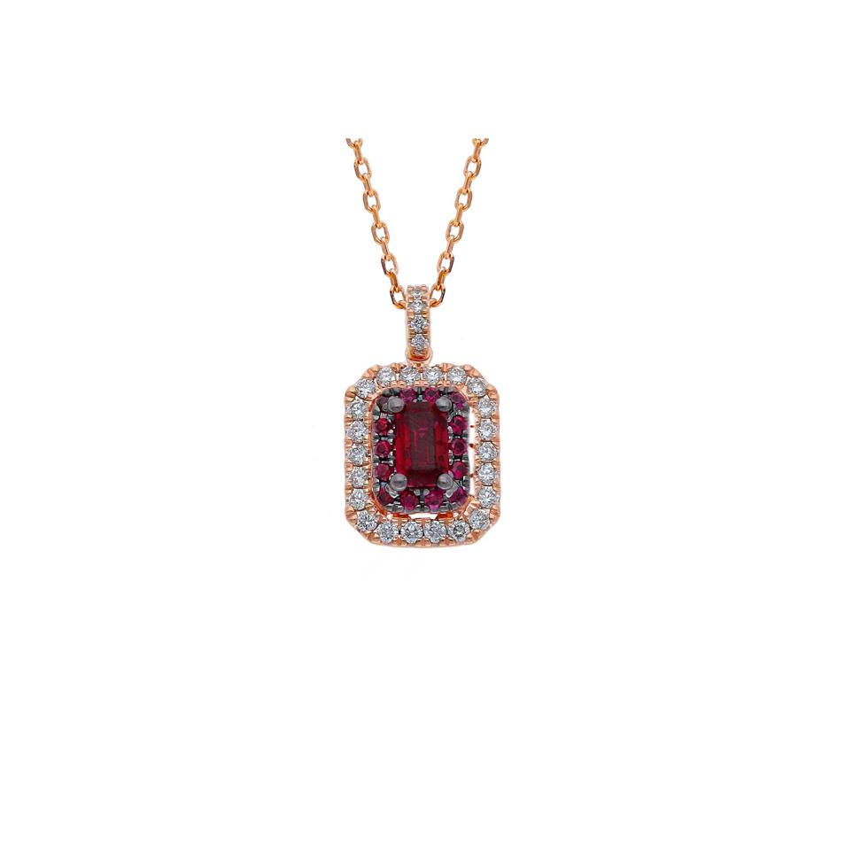 Collana in oro rosa con rubini centrali kt 0.46 contorno di brillanti kt 0.20 - CEDRO