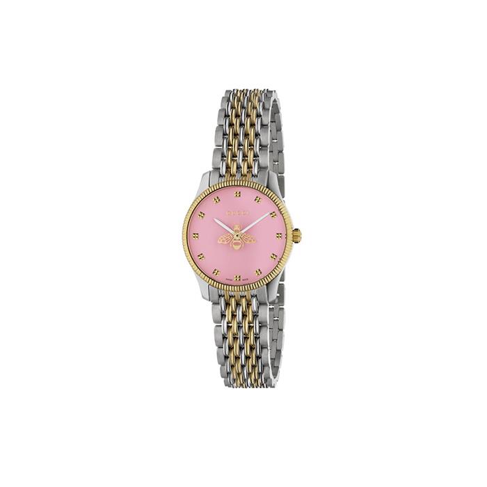 G-TIMELESS SLIM - CASSA IN ACCIAIO E PVD ORO GIALLO, QUADRANTE ROSA CON LANCETTA DEI SECONDI A FORMA DI APE, BRACCIALE IN ACCIAIO E PVD ORO GIALLO A 9 MAGLIE - GUCCI TIMEPIECES