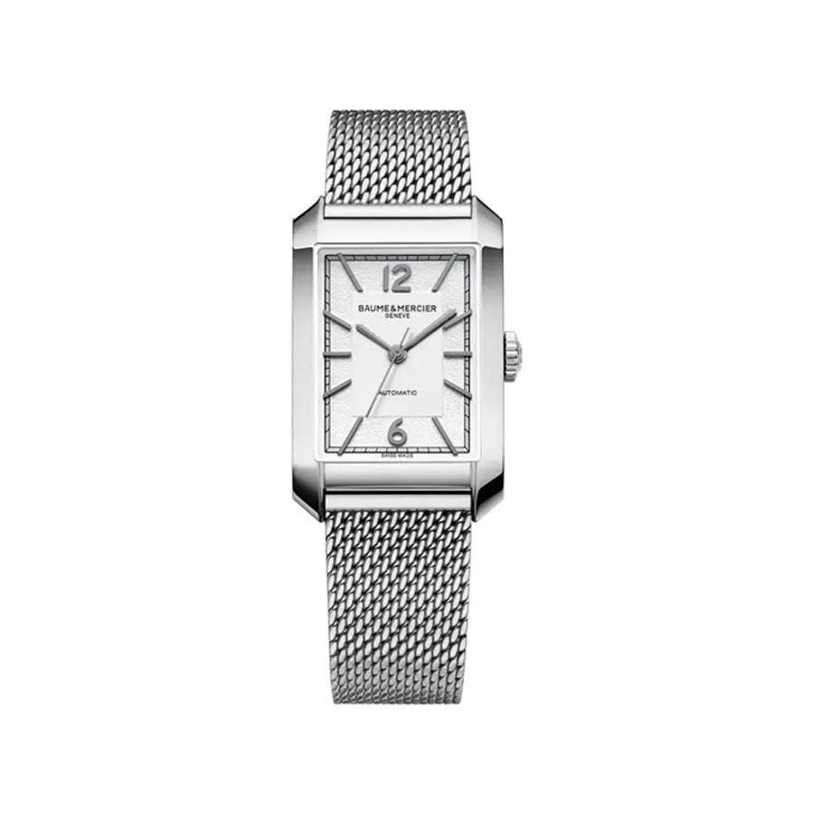 HAMPTON ACCIAIO AUTOMATICO, CASSA RETTANGOLARE MM, QUADRANTE BIANCO, BRACCIALE MAGLIA MILANO - BAUME & MERCIER