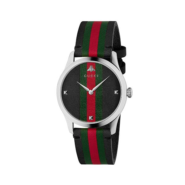 G-TIMELESS CONTEMPORARY - CASSA IN ACCIAIO, QUADRANTE E CINTURINO IN PELLE NERA, WEB VERDE E ROSSO - GUCCI TIMEPIECES