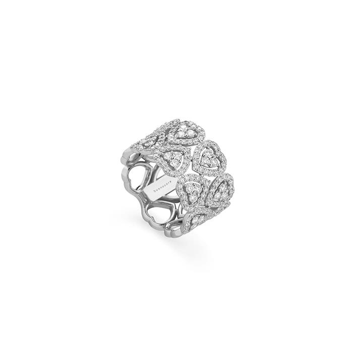 ANELLO IN ORO BIANCO 18 KT FASCIA CON CUORI PAV&Egrave; DI DIAMANTI BIANCHI CT. 1.48 - BUONOCORE