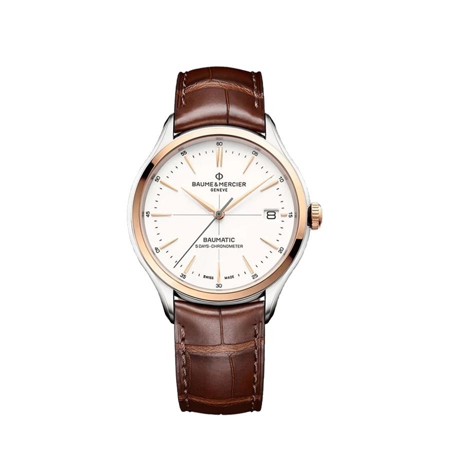 CLIFTON ACCIAIO ORO, AUTOMATICO BAUMATIC CERTIFICATO COSC, CASSA 40MM, QUADRANTE BIANCO, CINTURINO IN ALLIGATORE MARRONE - BAUME & MERCIER