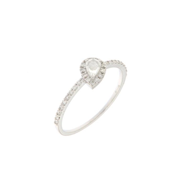 ANELLO IN ORO BIANCO 18 KT CON BRILLANTI BIANCHI E ROSE CUT GOCCIA BIANCA  KT 0.20 + 0.12 - CEDRO