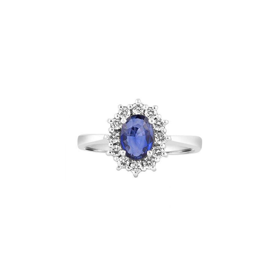 ANELLO IN ORO BIANCO 18 KT CON ZAFFIRO OVALE KT 0.67 E DIAMANTI BRILL 0.24 FG VS - GR. 2.80 - GIORGIO VISCONTI