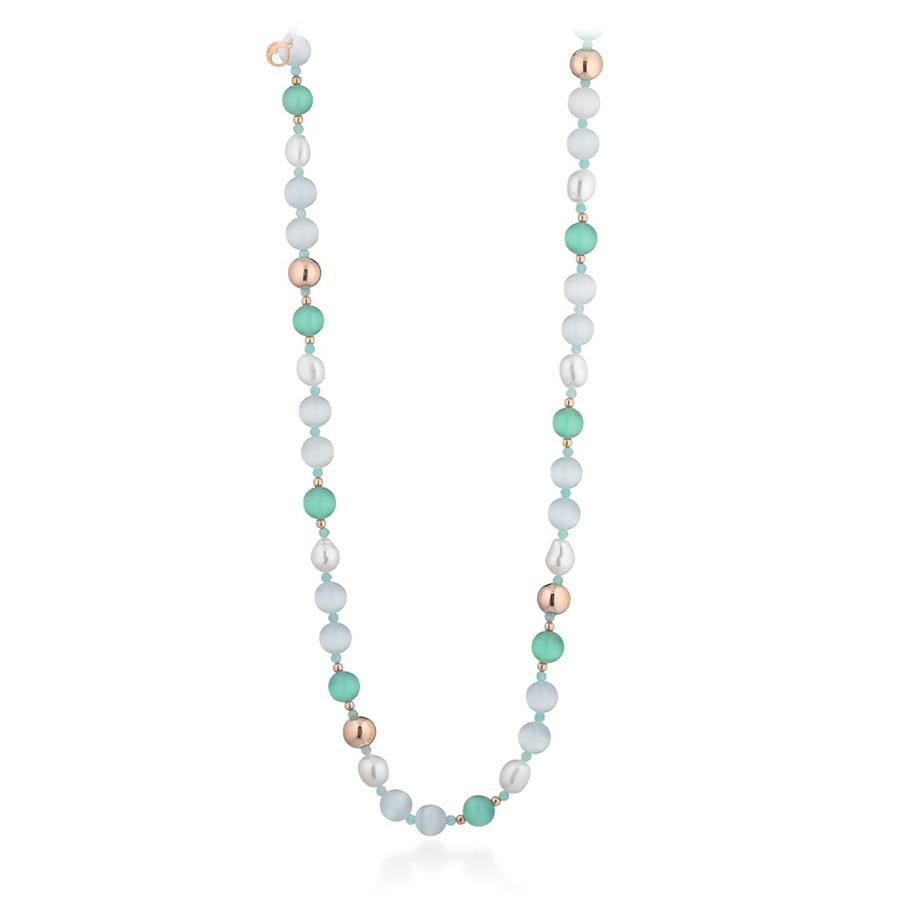 COLL OCCHIO GATTO VERDE,CRISTALLI DI ROCCA,PERLE D'ACQUA DOLCE, AG925 ROSA,AMAZ. - LE LUNE GLAMOUR