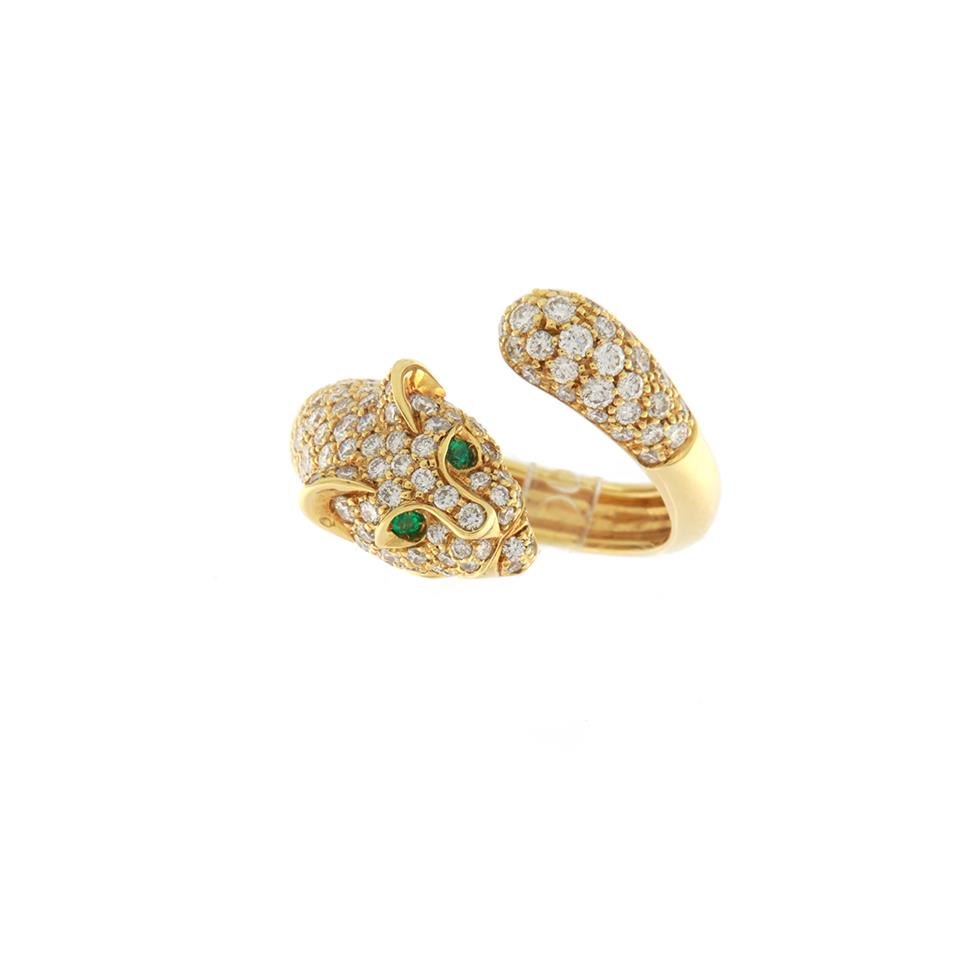 ANELLO "PANTERA" ORO GIALLO, DIAMANTI KT 1.65 E SMERALDI KT 0.06 - ROTA & ROTA