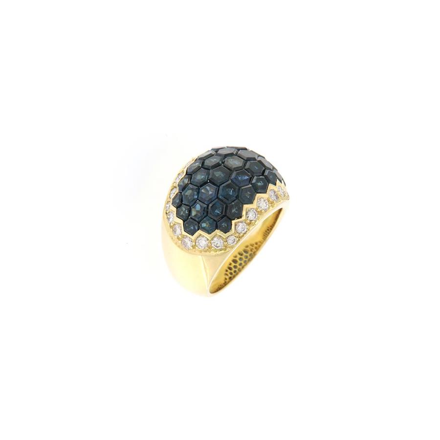 ANELLO IN ORO GIALLO 18 KT CON ZAFFIRI TIFFANY PENTAGONALI KT 7.30 E DIAMANTI BRILL 0.80 - CEDRO