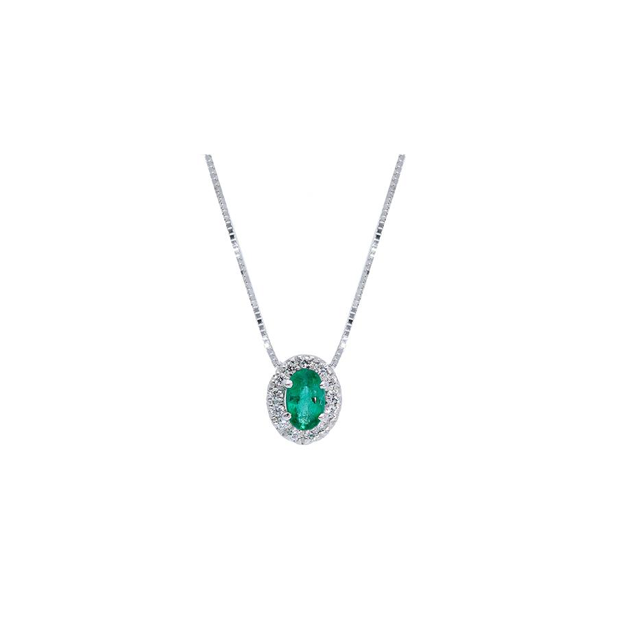 COLLANA ORO BIANCO 18 KT - SMERALDO TAGLIO OVALE 0.24 KT E DIAMANTI 0.09 KT - CEDRO