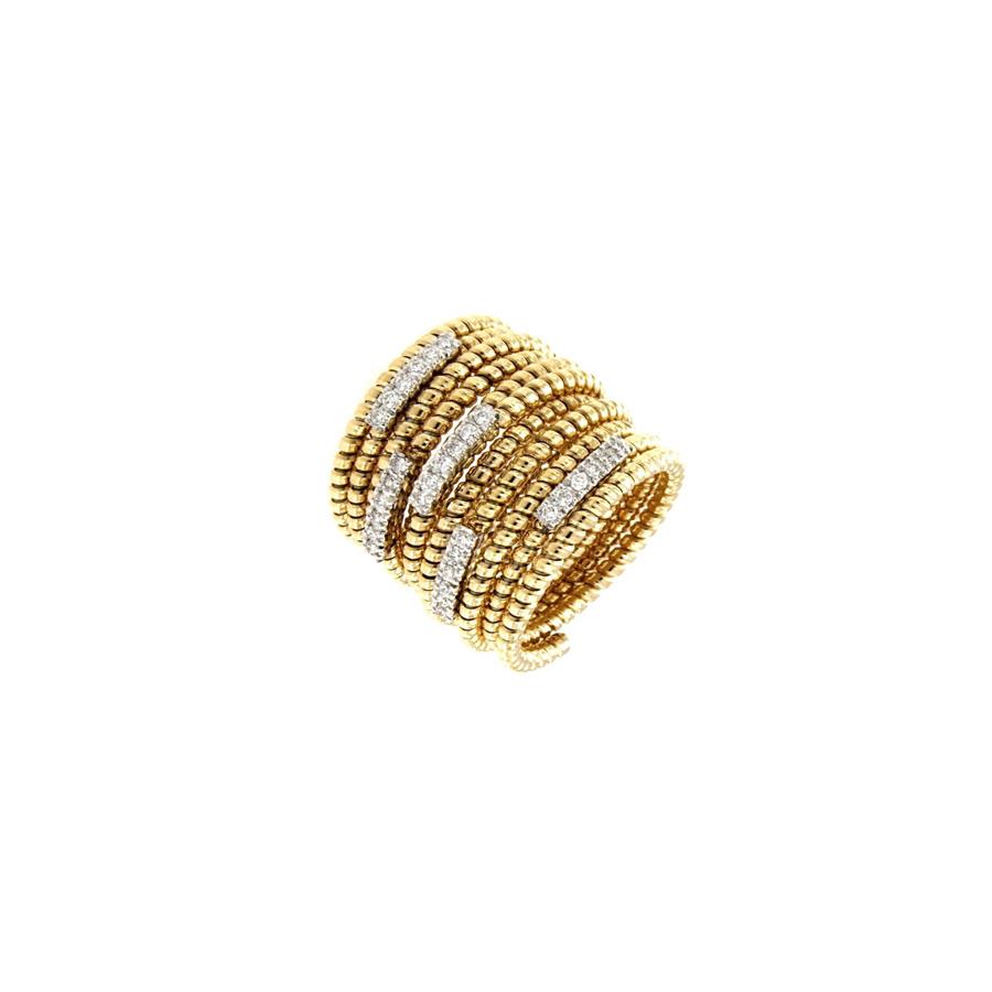ANELLO A 11 FILI TUBOGAS IN ORO GIALLO CON 5 BARRETTE ORO BIANCO E DIAMANTI KT 0.43 - ANTORA