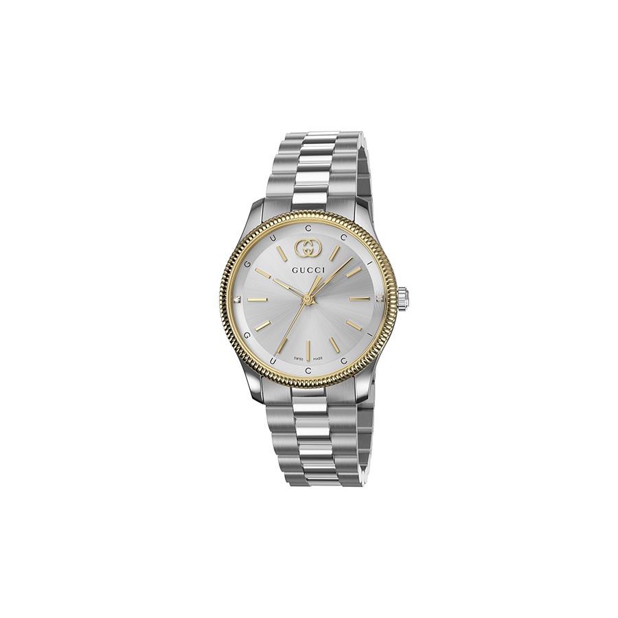G-TIMELESS - CASSA IN ACCIAIO INOX DA 29 MM CON LUNETTA PLACCATA IN ORO, QUADRANTE ARGENTO CON DIAMANTI, DETTAGLI INCROCIO GG E SCRITTA GUCCI, BRACCIALE IN ACCIAIO INOX - GUCCI TIMEPIECES