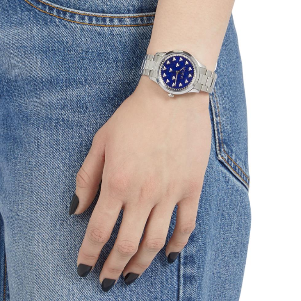 G_TIMELESS MULTIBEE - Cassa in acciaio da 32 mm con quadrante in lapislazzuli blu scuro motivo api, cinturino in acciaio - GUCCI TIMEPIECES