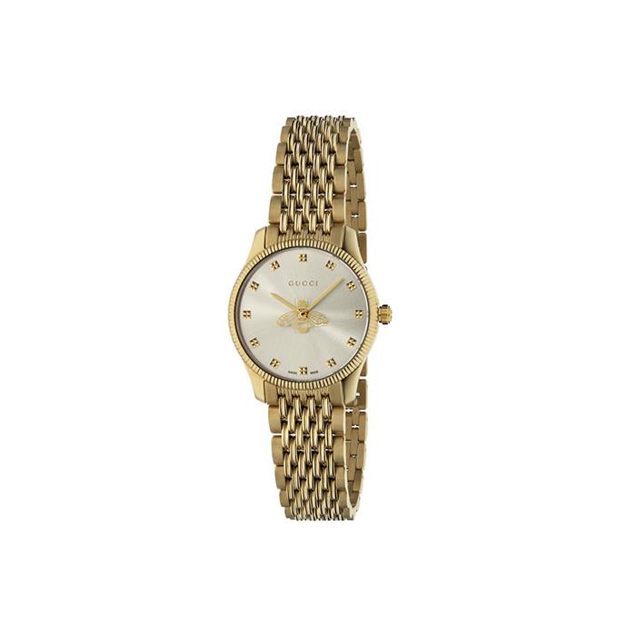 G-TIMELESS SLIM - CASSA IN PVD ORO GIALLO, QUADRANTE IN ARGENTO SPAZZOLATO CON LANCETTA DEI SECONDI A FORMA DI APE, BRACCIALE A 9 MAGLIE IN PVD ORO GIALLO - GUCCI TIMEPIECES