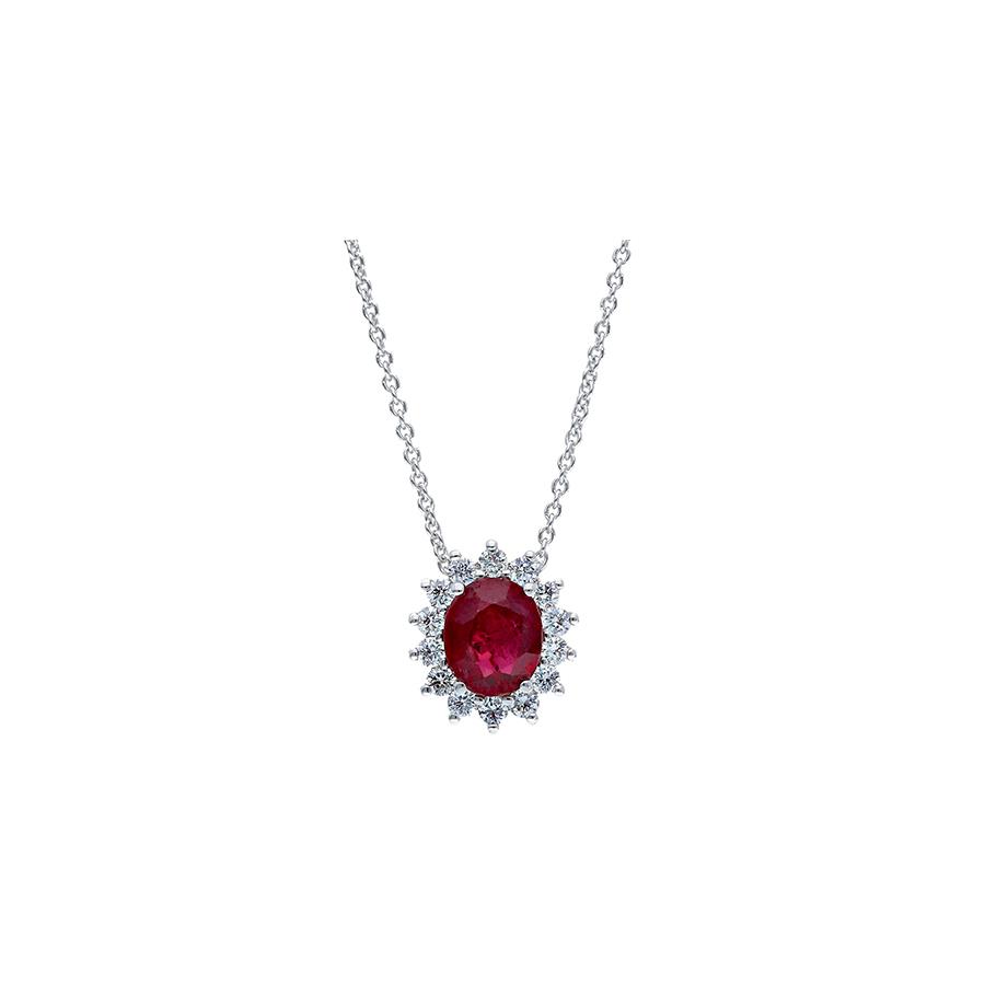 COLLANA ORO BIANCO 18 KT - RUBINO TAGLIO OVALE 0.8 KT E DIAMANTI 0.2 KT - SONGA LJ