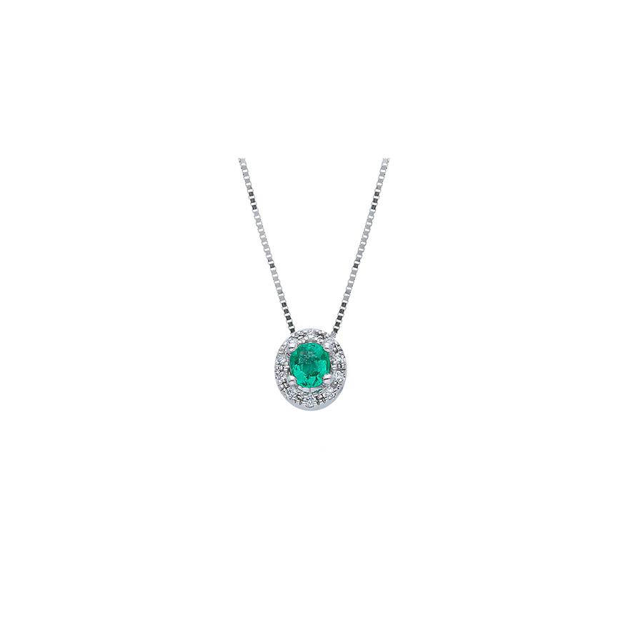 COLLANA ORO BIANCO 18 KT - SMERALDO TAGLIO OVALE KT 0.13 E DIAMANTI KT 0.04 - SONGA LJ