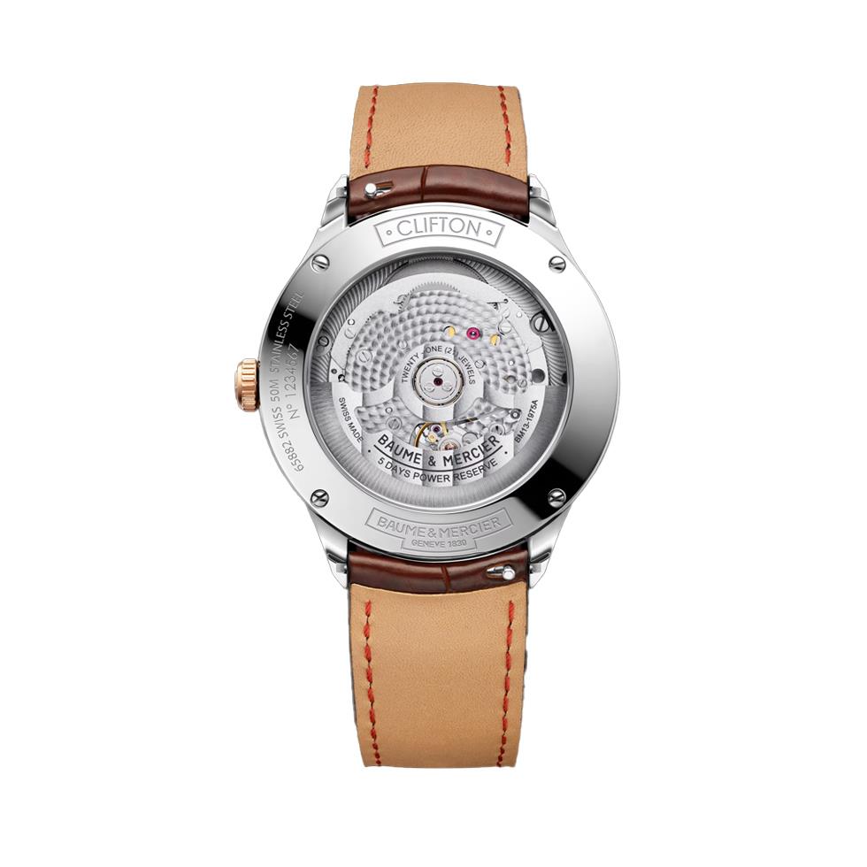 CLIFTON ACCIAIO ORO, AUTOMATICO BAUMATIC CERTIFICATO COSC, CASSA 40MM, QUADRANTE BIANCO, CINTURINO IN ALLIGATORE MARRONE - BAUME & MERCIER