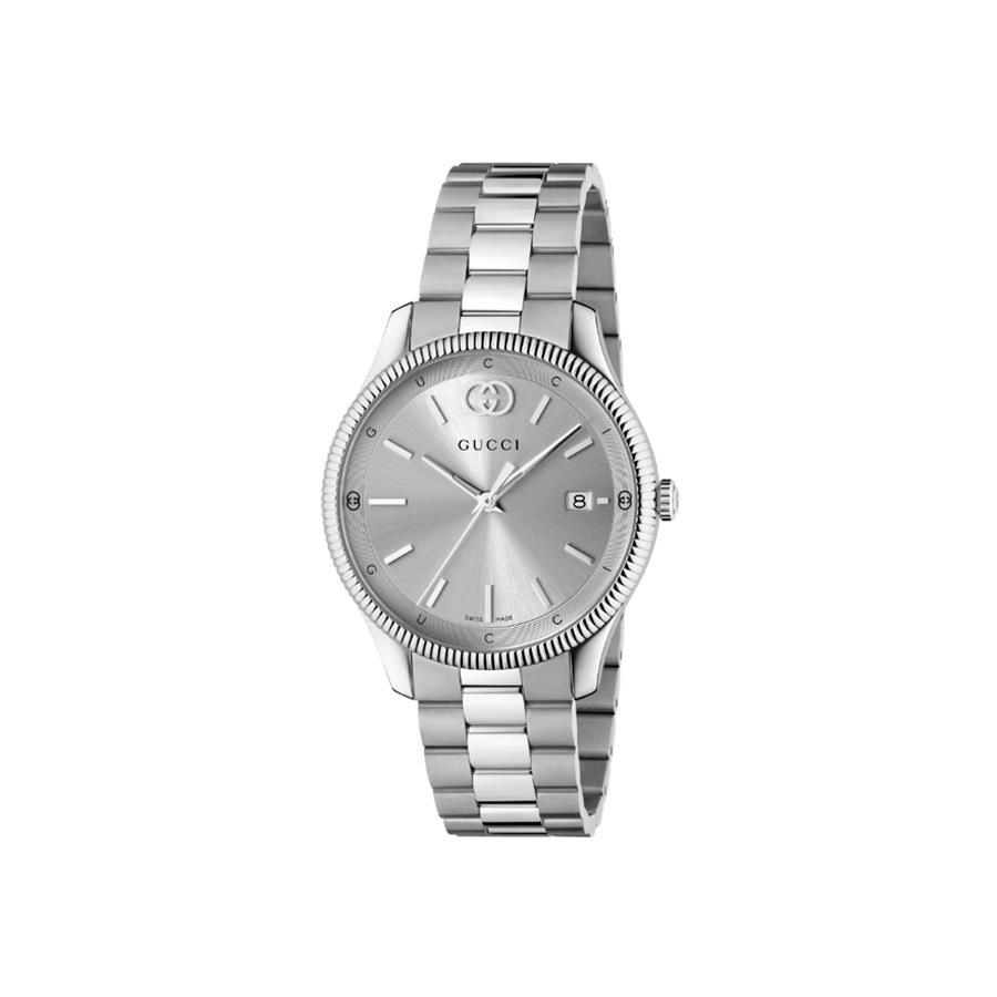 CASSA IN ACCIAIO INOX DA 38 MM, QUADRANTE TONALITÀ ARGENTO CON INCROCIO GG, DATA A ORE 3 E CINTURINO IN ACCIAIO INOX - GUCCI TIMEPIECES