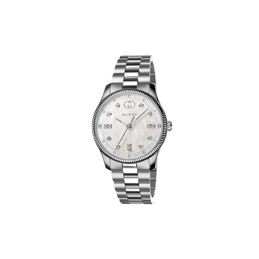 G-TIMELESS - CASSA IN ACCIAIO INOX DA 29 MM, QUADRANTE IN MADREPERLA BIANCO CON DETTAGLI INCROCIO GG E SCRITTA GUCCI, INDICI DIAMANTATI, BRACCIALE IN ACCIAIO INOX - GUCCI TIMEPIECES